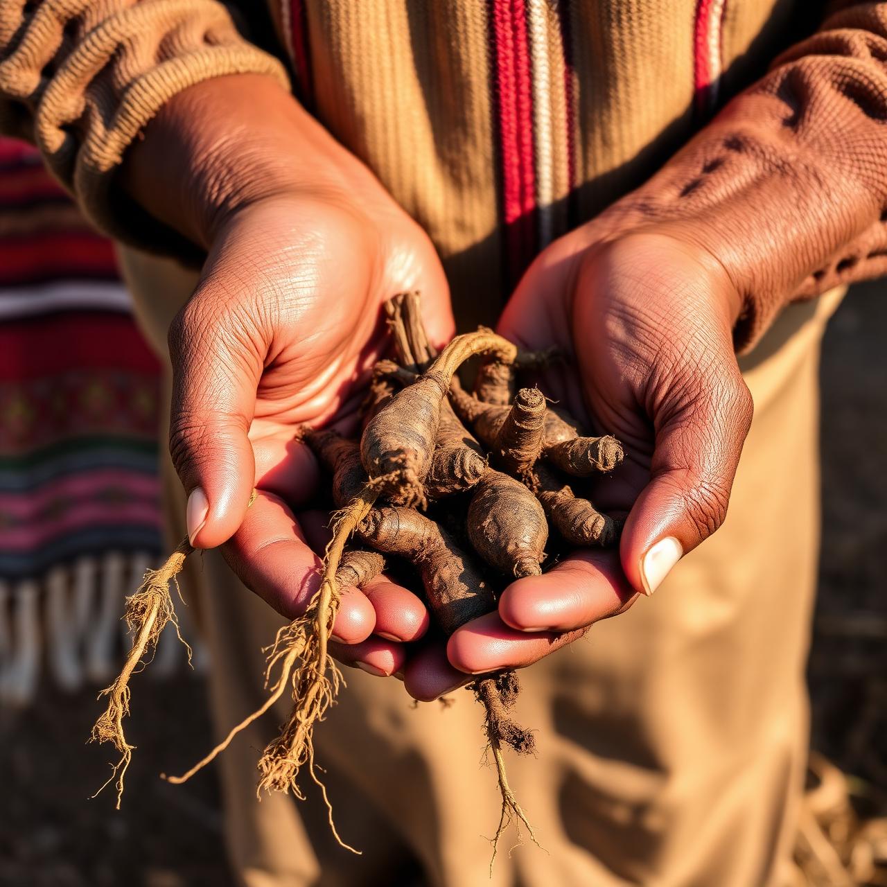 Quechua farmer holding freshly harvested maca roots